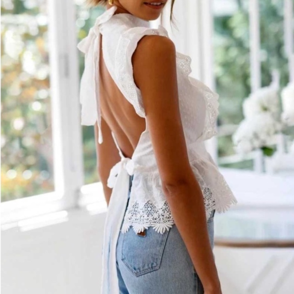 boho gypsy Open back ruffle detail white blouse - Picture 2 of 5